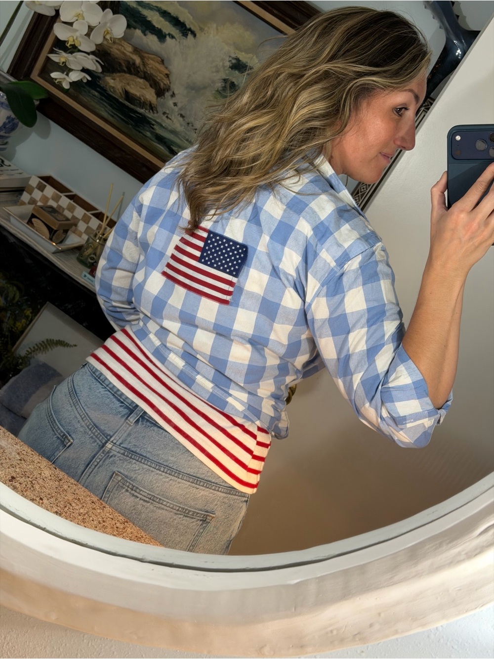 Button down gingham shirt with American flag 1 custom made